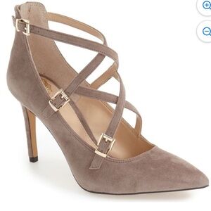VINCE CAMUTO Sz 8.5 or 38.5 Neddy Suede Taupe Strappy Pointy Heels